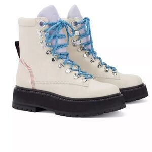Larroude Jordan ivory leather blue lace up combat moto boots size 10‎ new